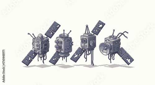 Pixel art illustration of four retro-futuristic robotic satellites in a line against a white background, evoking a vintage sci-fi aesthetic
