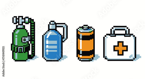 Pixelated Icon Set Dive Tank, Water Bottle, Battery, and First Aid Kit - Emergency Icons