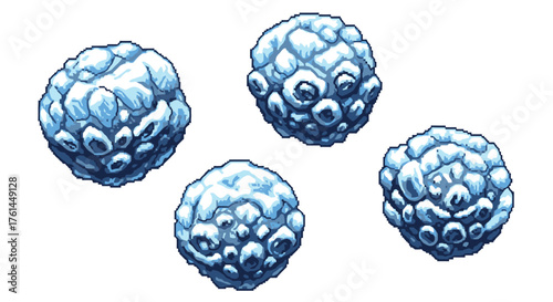 Abstract illustration of four textured spheres. Blue and white globular forms resemble organic ice crystals, porous coral, or microscopic cellular structures, ideal for science and fantasy themes