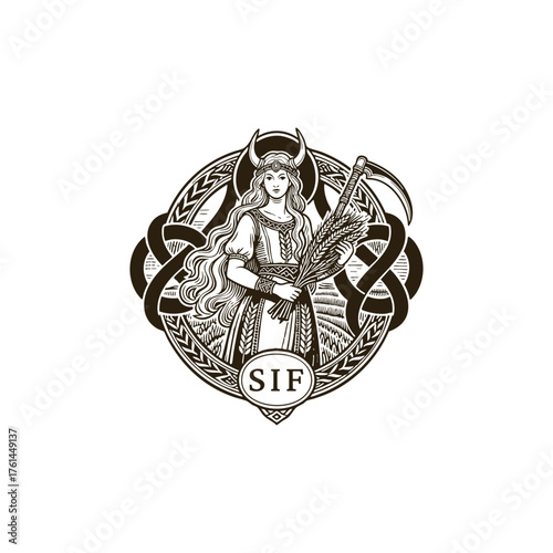 Vintage engraving style illustration of the Norse goddess Sif, associated with the earth and harvest, holding a bundle of wheat and a sickle