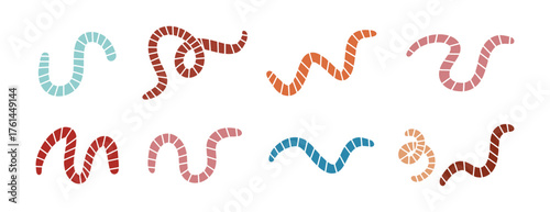 cartoon cute worm or earthworm set icons. Colorful worms with stripes collection 