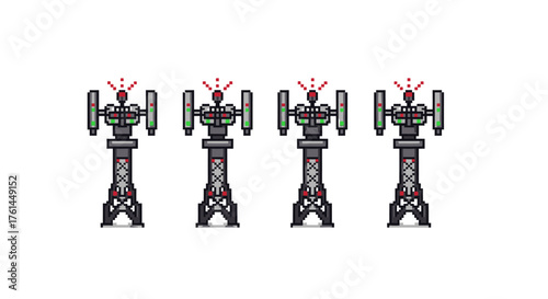 Pixelated cellular towers with red lights at the top, representing telecommunication infrastructure in a digital world