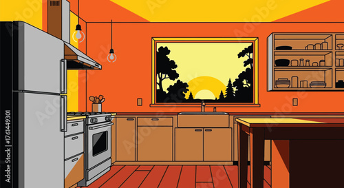 Modern kitchen design with sunset view and orange color scheme