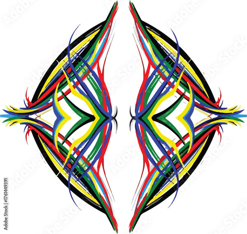 Abstract symmetrical design with colorful brush strokes vector illustration isolated on white backgr