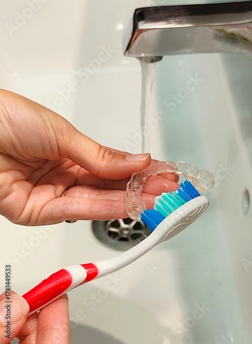 Cleaning of retainer with toothbrush in the bathroom . High quality photo
