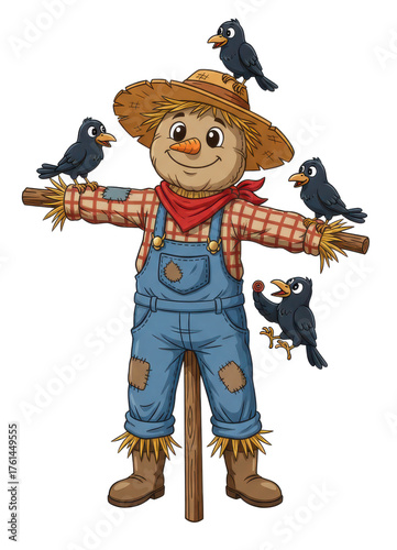 Smiling Scarecrow Wearing Overalls And Straw Hat Surrounded By Crows On A Transparent Background