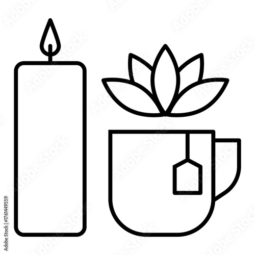 tea, candle, and lotus line icon with editable stroke