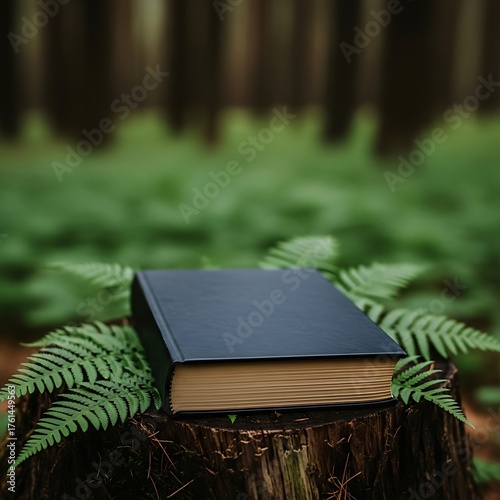 Book Resting on a Tree Stump Surrounded by Ferns in a Forest.