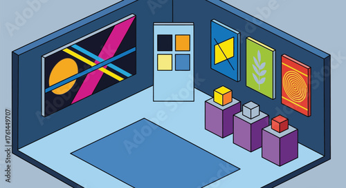 Isometric art gallery exhibition with modern paintings and cubes