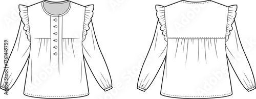 Long sleeve blouse technical flat sketch, front and back view, ruffle yoke gathered cuff button placket design, CAD drawing flat vector illustration