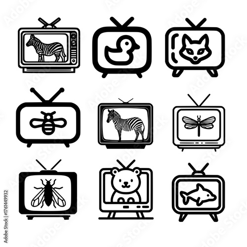 Vector icon collection of forest and insect animals inside vintage TV including fox duck and bee