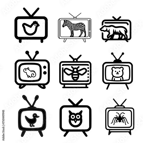 Retro TV icon pack of wild and farm animals including zebra chicken duck bear and flying insects