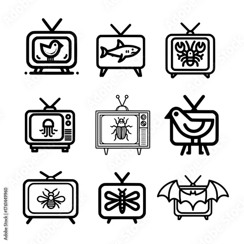 Animal icon set inside classic television featuring chick shark lobster jellyfish beetle dragonfly and bat