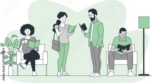 Diverse People Reading Books in a Waiting Area with Plants and a Lamp Keywords: reading, books, people, waiting, diverse, men, women, sitting, standing, casual, library, lounge, reception, plant