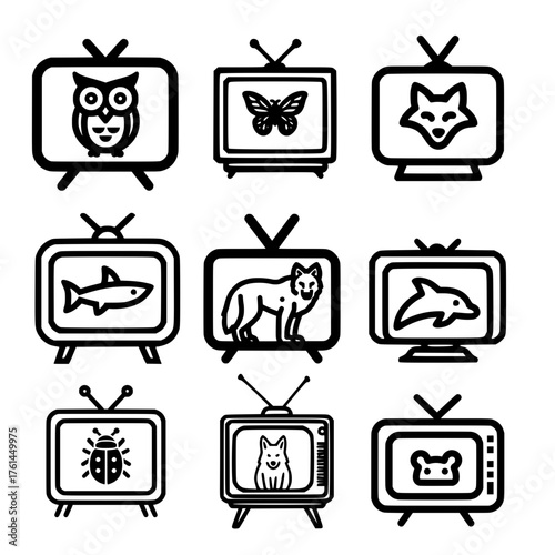 Vector icon collection of wild and cute animals inside vintage TV including monkey dolphin and fox