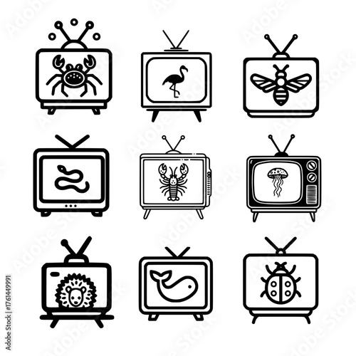 Vector icon collection of sea and land animals inside vintage TV including snake whale and ladybug