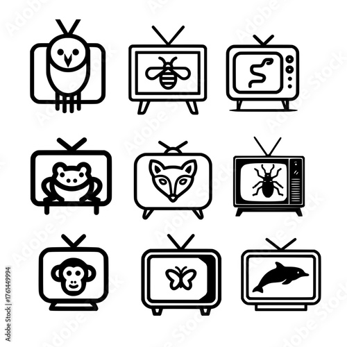 Animal icon set inside classic television featuring owl bee snake frog fox monkey butterfly and dolphin

