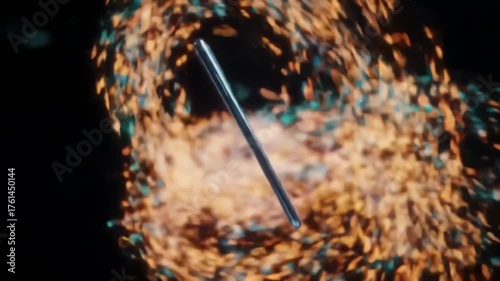 A light blue smartphone floats against a background of swirling orange and teal particles