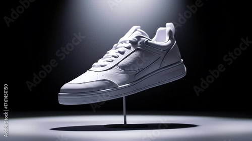 A sleek white sneaker levitates on a thin metal stand against a dark spotlighted background