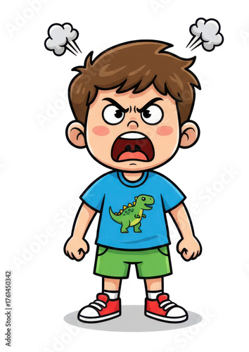 Angry Young Boy with Dinosaur Shirt and Green Shorts Shouting Frustrated Emotions White Background