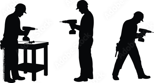 Silhouette of construction workers using electric drills, professional builders working with tools, industrial safety equipment, engineering labor teamwork illustration design