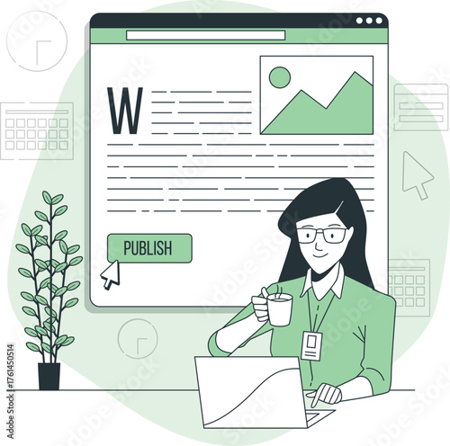 Woman working on laptop with blog post on screen and publish button blogging content creation