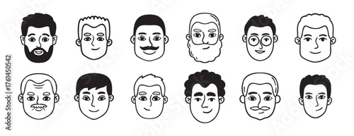men portraits male doodles set doodle hand drawn icon set. Outline drawing man heads and faces line clipart symbol collection.
