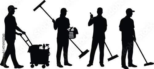 Silhouette of cleaning workers with equipment and mop tools, janitor team performing maintenance service, hygiene and sanitation concept illustration
