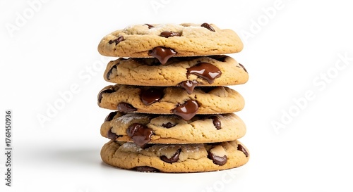 Stack of Delicious Chocolate Chip Cookies on White Background.