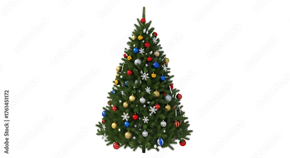 Naklejka premium Decorated Christmas tree with ornaments and snowflakes