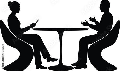 Silhouette of man and woman sitting at table having conversation, business meeting or casual discussion vector illustration design concept