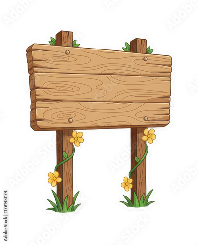 Wooden Signpost With Yellow Flowers And Green Vines In A Field Of Grass Under Natural Lighting