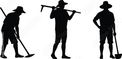 Silhouette of farmers working in field with shovel and hoe, agriculture laborers cultivating land, traditional farming and rural lifestyle concept