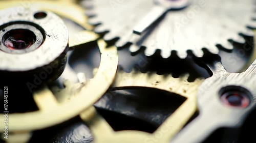 Extreme closeup of intricate watch gears and ruby bearings