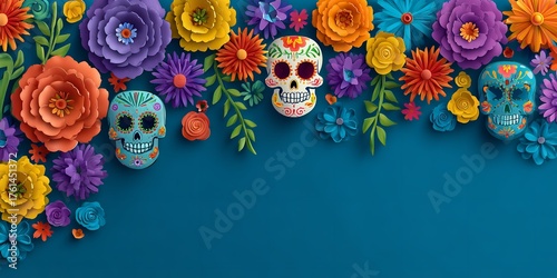Vibrant sugar skulls and colorful paper flowers create a festive Day of the Dead celebration border on a deep blue background