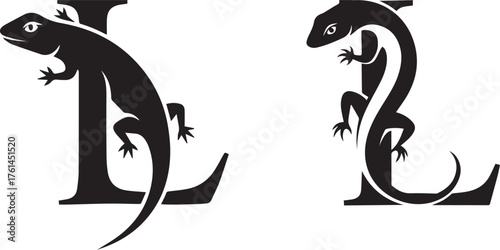 Graphic black and white lizard and letter L logo concepts