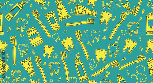 Dental care pattern with toothbrushes and toothpaste background