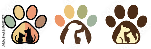 Pet care paw logo collection with cat and dog silhouettes inside paw print, animal rescue, veterinary clinic, adoption center, and pet shop identity design elements vector set