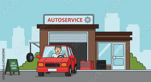 Automotive repair shop cartoon illustration with red car parked