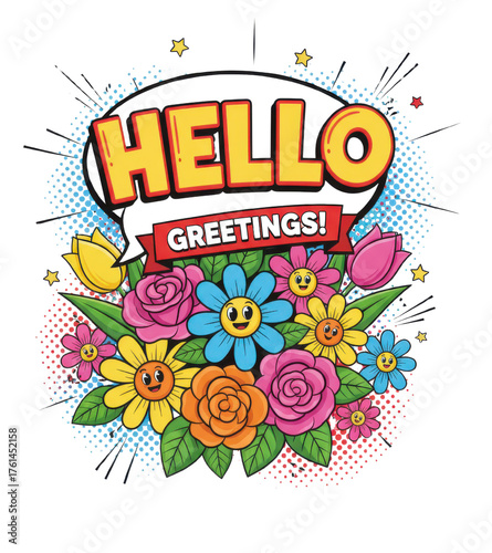 Hello Greetings Vibrant Floral Burst Illustration with Cartoon Flowers and Stars