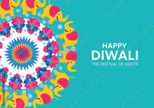 Vector illustration of happy diwali festival of lights with elephants and mandala
