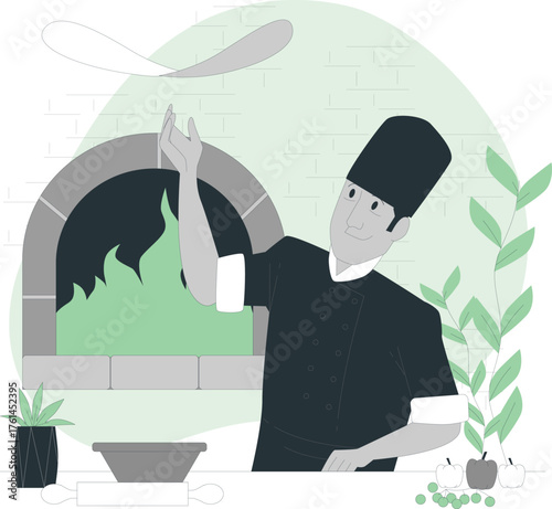 Chef tossing pizza dough in front of a brick oven with plants and ingredients cook