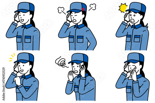 スマートフォンで通話するつなぎ作業服の女性　セット