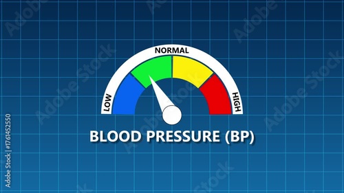 Blood Pressure ( BP) Gauge Showing Normal Reading on Blue Grid Background level meter