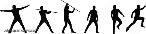 Silhouette of man practicing stick fighting martial art, weapon training poses, fitness movement, self defense exercise, sports illustration vector
