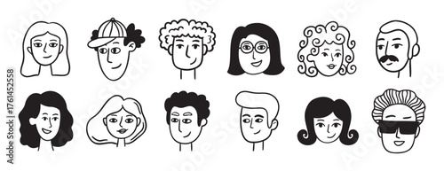 people avatars for social media, website doodle hand drawn icon set. Outline drawing trendy portraits girls and guys line clipart symbol collection. 