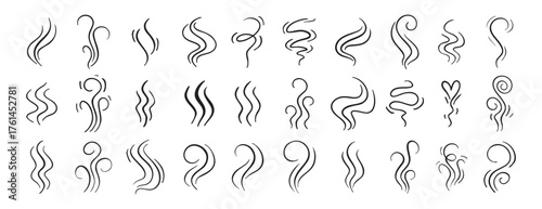 Fire steam or Line smoke doodle hand drawn set. smell waves from food or coffee and beverages sketch style.