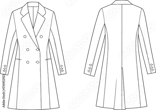 Cad drawing flat vector illustration, technical fashion sketch, double-breasted overcoat design, garment construction, apparel template, coat pattern, tailoring details