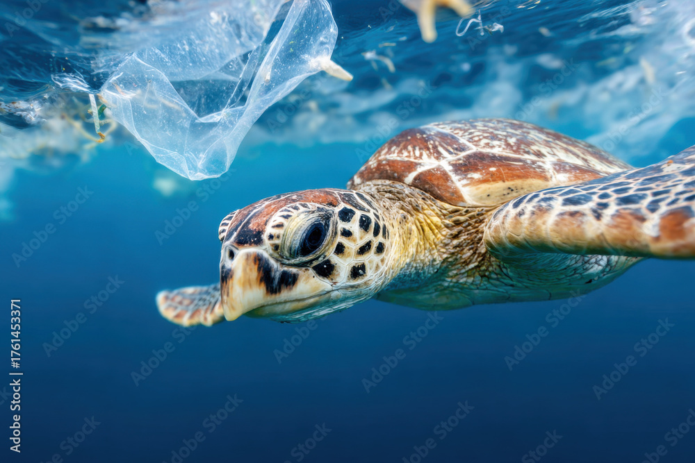 Fototapeta premium Sea turtle swimming near plastic debris in ocean