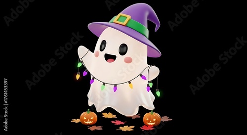 Cute Halloween Ghost with Witch Hat and String Lights Decoration.